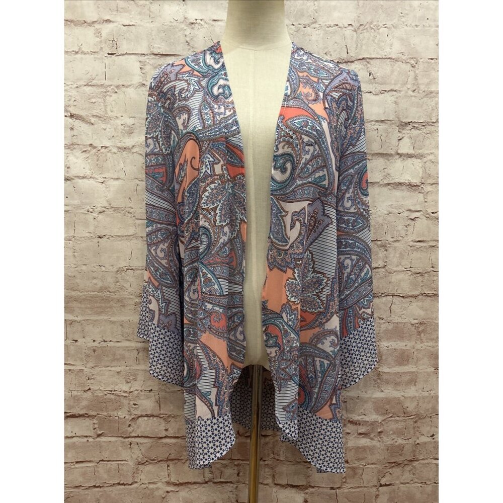 Soft Surroundings Open Front Sheer Kimono Cardigan Top Paisley Blue Pink Size M